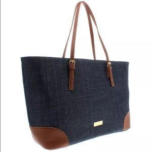 Denim Faux Leather Trim Tote Handbag Large Purse